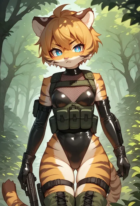 score_9, score_8_up) score_7_up, score_6_up, solo, tiger, kemono, anthro, cute, short hair, blue eyes, white pupils, sexy, orange fur, tactical harness, thigh high boots, assassin girl, (mesh body suit:1.2), tactical gloves, leotard, small breasts, forest ...