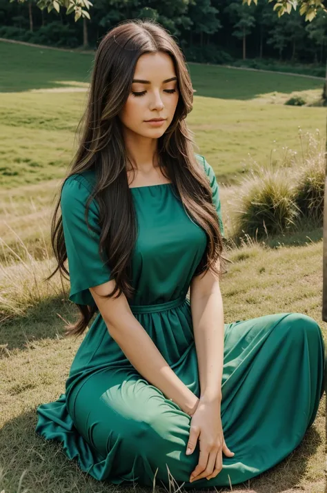 A semi realistic lady with long hair wearing gown meditating on a green hill