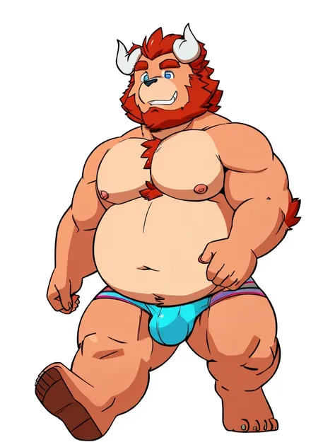 chernobog, big belly, chubby, masculine focus, underwear, bulge, nipples, full body, walking, full frontal, white background, 80s flat vector fashon art style 