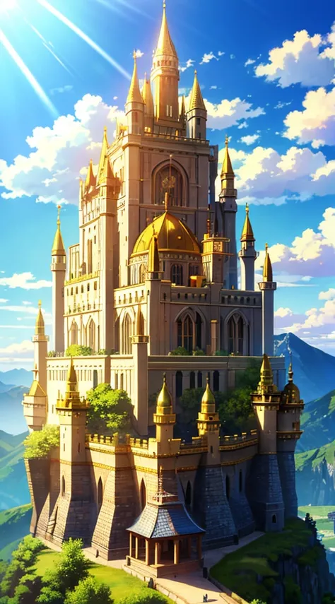 golden castle on mountain, sky ,sunny day,sunlight,mountains,clouds