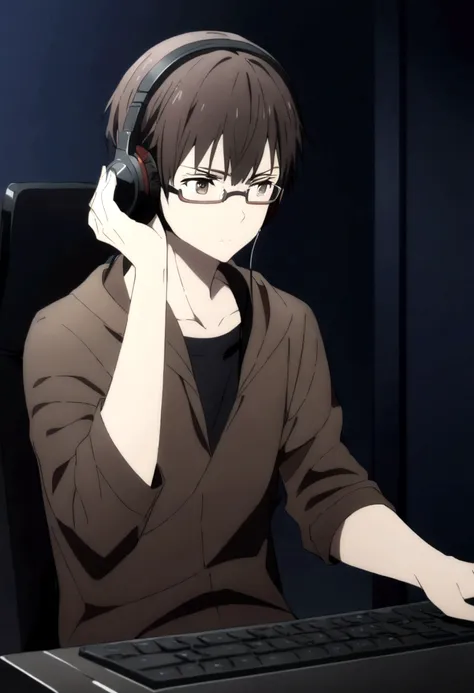 a character with dark brown hair and wearing glasses and wearing a black shirt in a dark room playing on the computer and using ...