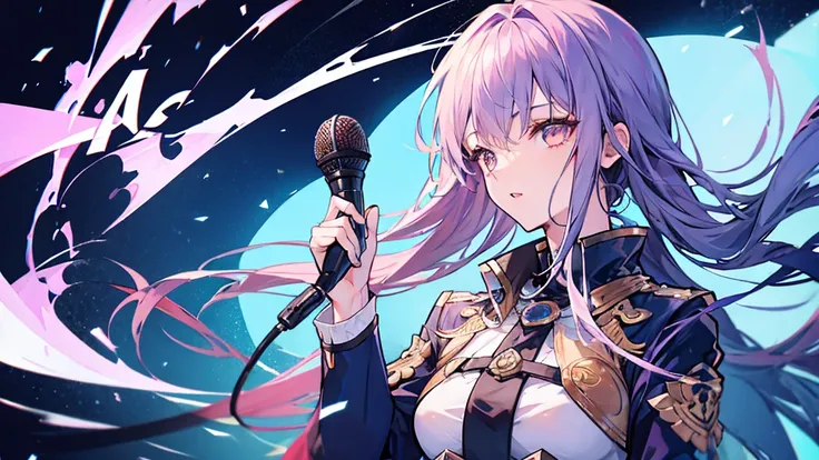 a female character holding a microphone without a background only the character, long hair and very beautiful