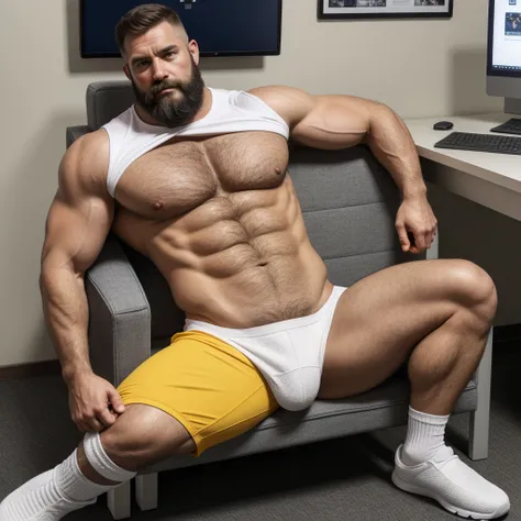 Very Realistic High Best Quality, real detailed, real sexy handsome muscle bear dilf, real very hairy bearded, unkempt, real hairy arms and legs, real gray fur, real dilf trainer, real sneakers, real white socks, real calves, real office environment, real ...