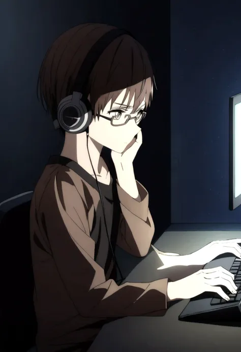 a character with dark brown hair and wearing glasses and wearing a black shirt in a dark room playing on the computer and using ...