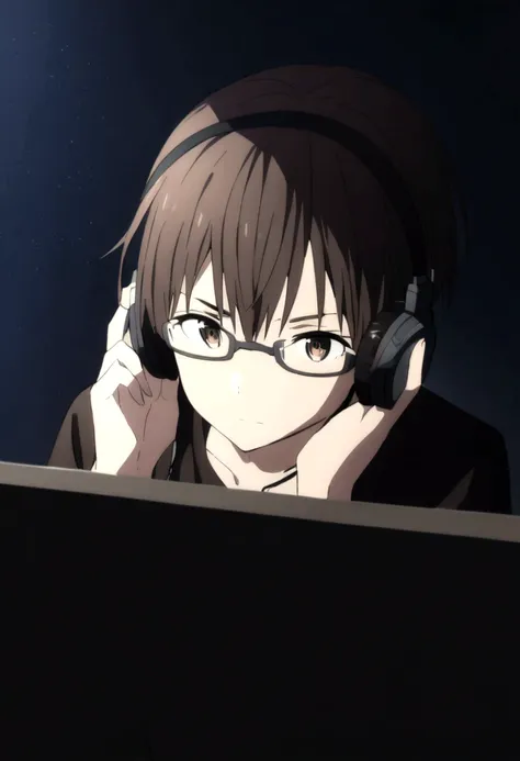 a character with dark brown hair and wearing glasses and wearing a black shirt in a dark room playing on the computer and using ...