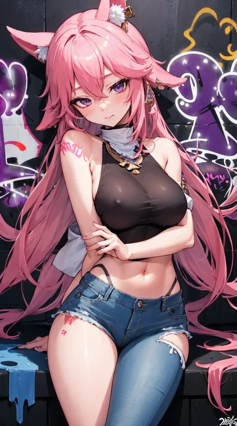 Yae Yoshiko|Genshin Impact, masterpiece, best quality, 1 Girl,25 years old, proportional body, Lengthen your legs, proportional., Top of crop, Long jeans, Medium breasts, ,only, Top of crop, Necklace, (Graffiti:1.5), Splash with purple lightning pattern., ...