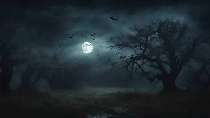 dark stormy night, ominous clouds, twisted trees, full moon, bats flying, cobwebs, horror atmosphere, moody colors, cinematic st...