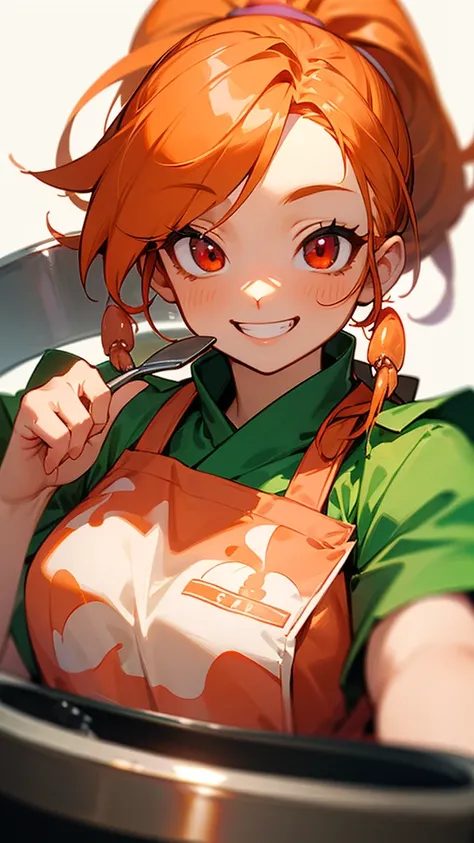 Cute shrimp woman is cooking delicious food in the kitchen、Orange Hair、ponytail、Round red eyes、Green Peasant Tunic、Yellow apron、Grin、Upper body close-up