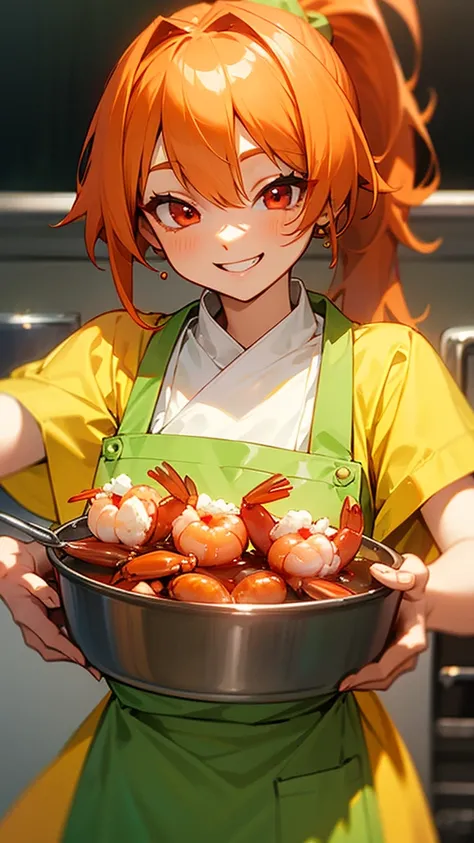 Cute shrimp woman is cooking delicious food in the kitchen、Orange Hair、ponytail、Round red eyes、Green Peasant Tunic、Yellow apron、Grin、Upper body close-up