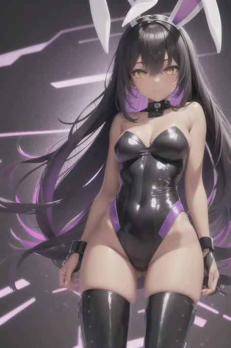 Cute dark skin , bunny ears , black hair with purple accents, yellow eyes  , Cyborg , night city