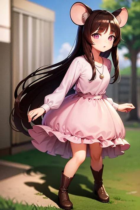 Masterpiece, Ultra quality, 1 girl, mouse-like species, mouse tail, big mouse ears, mouse whiskers, small nose, long shiny brown hair, purple eyes, cute view, looking at the viewer closely, pleading look, long pink skirt, white striped shirt, long brown bo...