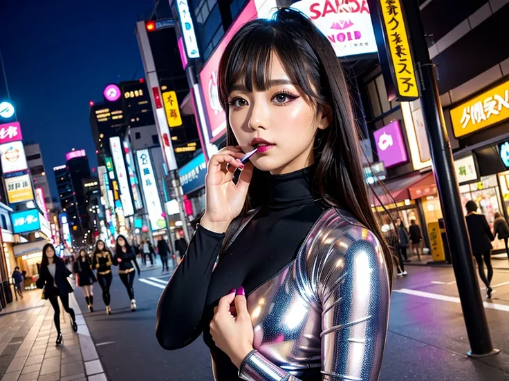 high quality, high resolution, Scenery of the city in Japan,Many girls,Spandex long sleeve super high leg leotard,The girl in the background is also wearing the same leotard.,Multicolored leotards,Wearing super shiny pantyhose,Brainwashing Makeup,Heavy mak...