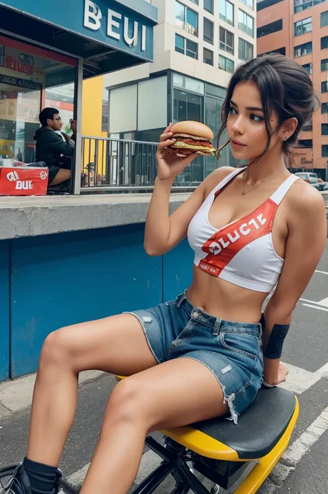 a image of woman sitting on the top building eating burger using phone with boycut hairs and bike parked near her 