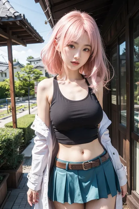 Beautiful Japanese Waifu, early 30s, pink hair, black cropped vest, mini skirt, white coat loose, in front of a japanese country house