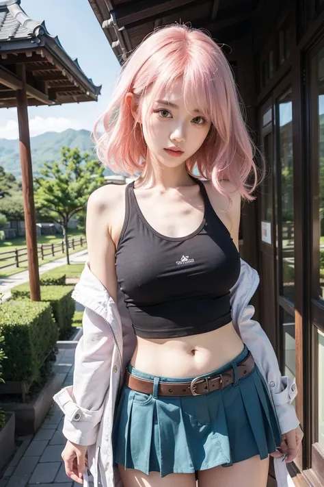 Beautiful Japanese Waifu, early 30s, pink hair, black cropped vest, mini skirt, white coat loose, in front of a japanese country house