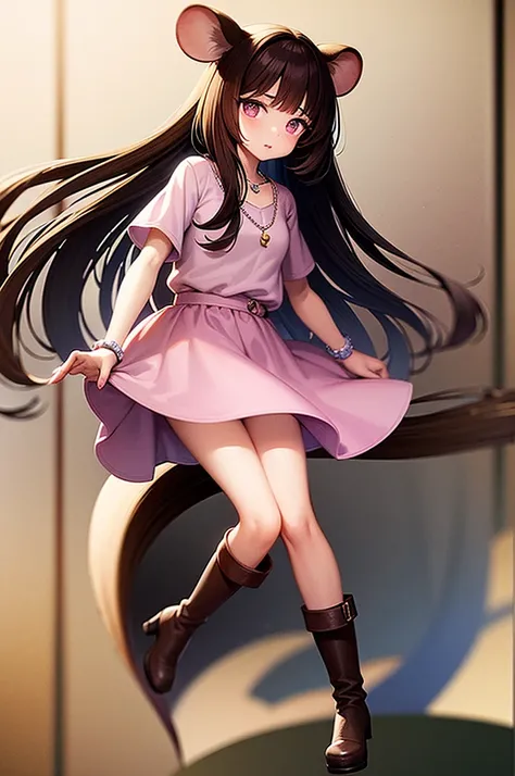 Masterpiece, Ultra quality, 1 girl, mouse-like species, mouse tail, big mouse ears, mouse whiskers, small nose, long shiny brown hair, purple eyes, cute view, looking at the viewer closely, pleading look, long pink skirt, white striped shirt, long brown bo...