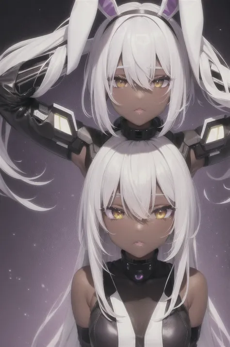 Cute dark skin , bunny ears , white hair with purple accents, yellow eyes  , Cyborg , night city