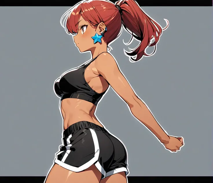 redhead, tanned skin, medium breasts, thick ass, black sports bra, black and white dolphin running shorts, black star shaped earrings, long ponytail