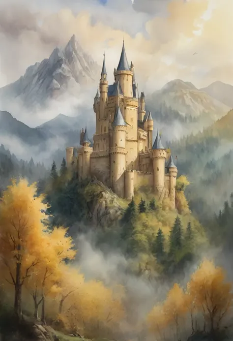 2D game scene, oil and watercolor painting, scenario, medieval golden castle, big tower in the middle, vapour, FOG, moutain, forest of trees in the background, (work of art:1.2), best qualityer