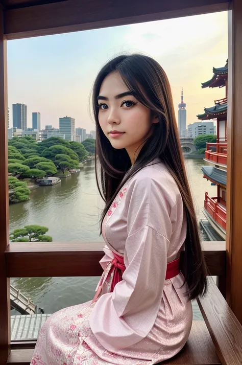 River like eyes , long hairs ,round nose , big eyebrows , image of girl in Tokyo with beautiful view in Japanese dress