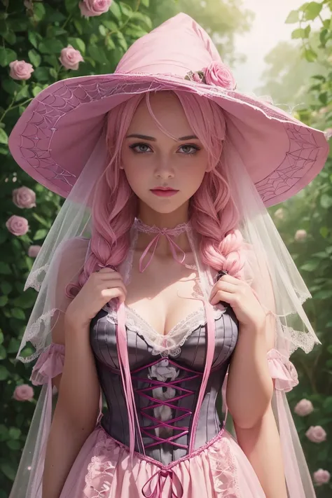 female witch portrait beauty pretty soft dewy glow skin sparkle highlighter pink haired youthful witch web witch feminine retro vintage antique spiderwebs on her pointed pink witchhat wearing a spiderweb pink corset ribbon laced up, with dewdrops on a pink...