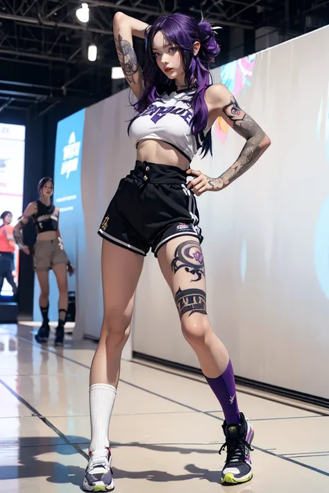 Perfect Style, Beautiful Face, Highly detailed face and skin texture, (Maximum resolution: 1.2), 1 female, alone, Hip Up, jewelry, (((He has many tattoos all over his body)), Streetwear, Play sports often, Purple Hair, Shorts, Sports boots, (((Tight waist)...