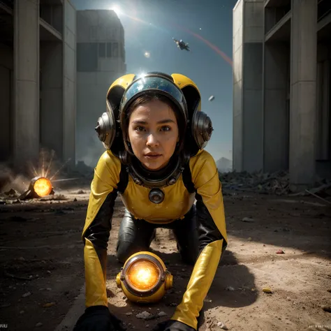 A captivating post-apocalyptic artwork by André Uhlisch featuring running man and running woman in otherworldly cosmonaut helmets and bright yellow rubber suits. a big burnig objekt is follow thair, surrounded by an array of vibrant planets and celestial b...