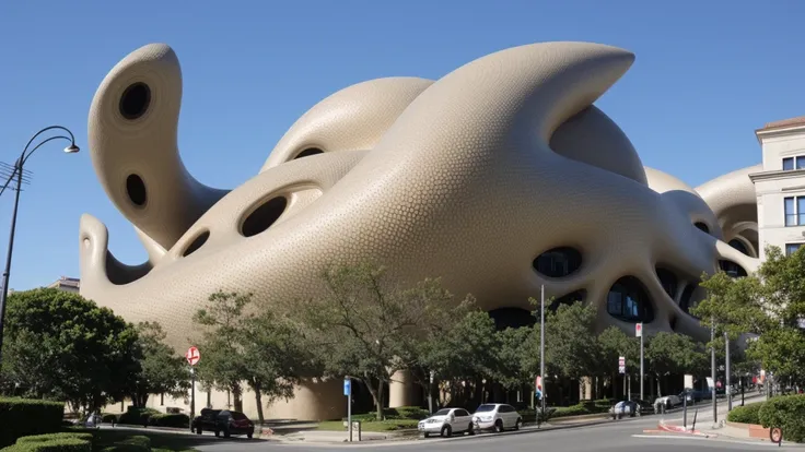 photo brute, (biomorphic museum building seen from the&#39;outside), (walls with african textures), ((front elevation)), (limest...