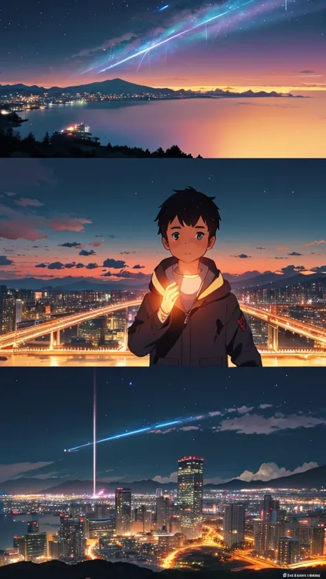 a vast and majestic skyline. a beautiful city at night time. big mount fuji behind the city. in thee sky there are meteors. a boy in close up is looking at the sky. the sky is very very beautiful