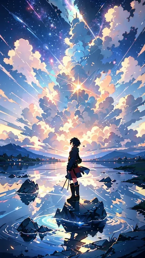 anime - style painting of a woman standing on a rock in a lake, anime beautiful peace scene, beautiful anime scene, beautiful an...