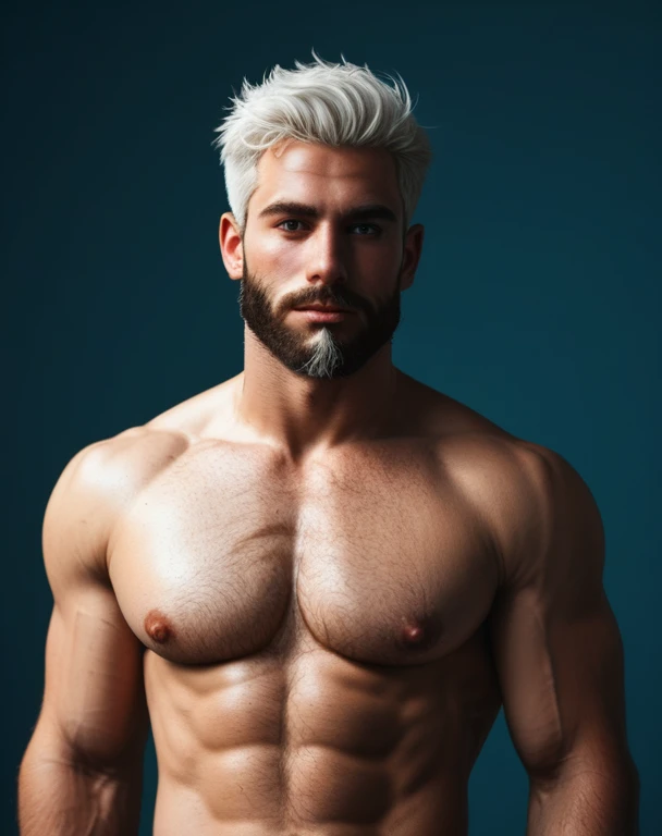 score_9, score_8_above, A handsome man, (25 years old), shirtless, muscular, body hair, beard, (white hair), front view