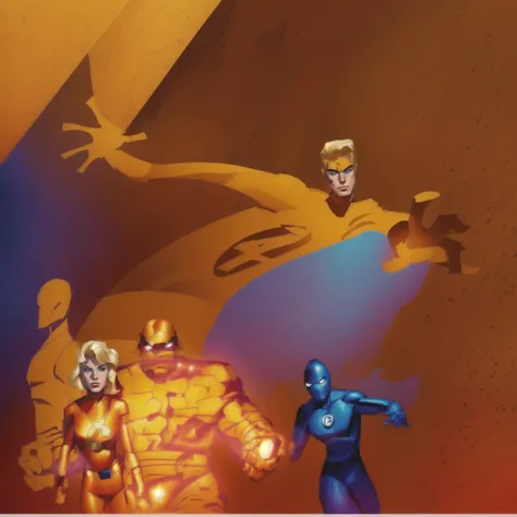 8 k detail, master piece, marvel comic book drawing of the Fantastic Four. The Thing: is an orange rock man. the Human Torch is a red body man with yellow fire surrounding him. The Invisible girl: is a blonde beautiful woman in a blue and white costume. Mr...