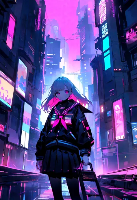 girl in cyberpunk style in a sailor suit, Ultra science fiction，Nothing to do with web images，Has a very unique personality，，Strongly reflected light，Ultra-delicate skin and clothing，Super soft hair，unity，Extreme science fiction, city in neon, a lot of sig...