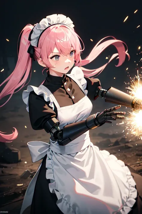 (((Highest quality)))(((High resolution)))((detailed))((Attention to detail))(Draw the whole body)cute, Pink Hair, Small breasts, Maid clothes(白と黒のMaid clothes,Black Dress, White apron, Headband, Classic, Long skirt), (Fighting with a large sword in hand),...