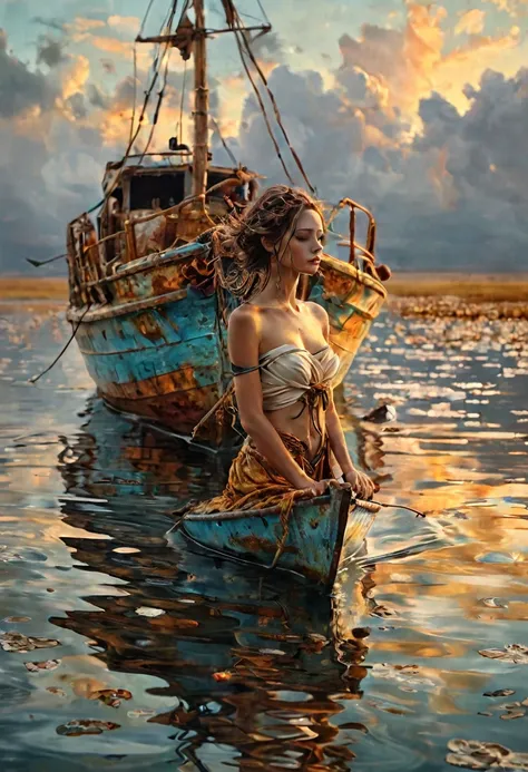 a beautiful boat, cyborg on the boat, art by david mould, brooke shaden, ingrid baars, mordecai ardon, josh adamski, chris friel...