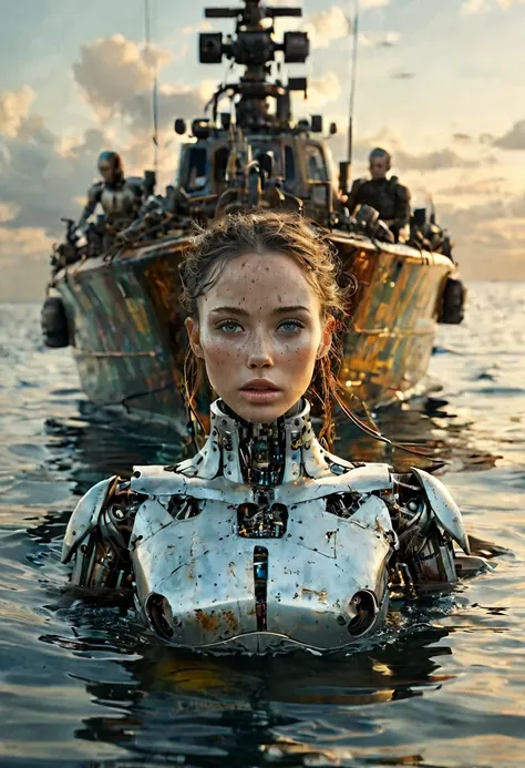 a beautiful boat, robot cyborg on the boat, technological war, matrix, art by david mould, brooke shaden, ingrid baars, mordecai...