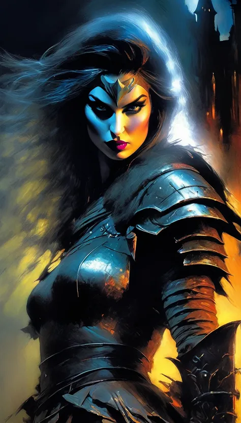 The sexy and dark warrior girl, dark castle, night(art inspired by Bill Sienkiewicz). oil painting)(best quality,4k,8k,highres,masterpiece:1.2),ultra-detailed,(realistic,photorealistic,photo-realistic:1.37),intricate details,vivid colors,sharp focus,profes...