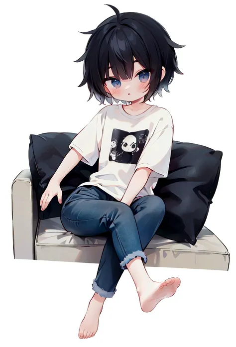 best quality, full body, looking at viewer, on the couch, 1 man, chibi, black hair, very short hair, messy hair, clear face, black t-shirt, jacket, jeans, crossed legs, simple background
