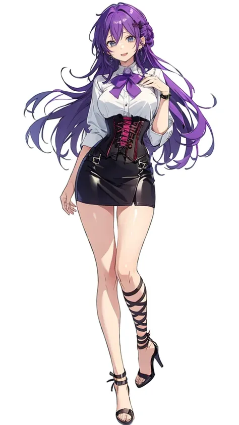 purple hair,long hair,adult female,((rolling up your sleeves shirt)),open chest,(corset),(tight skirt),(high heels),((simple whi...