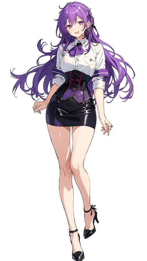 purple hair,long hair,adult female,((rolling up your sleeves shirt)),open chest,(corset),(tight skirt),(high heels),((simple whi...