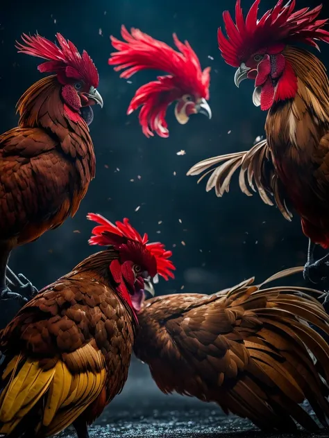 two roosters locked in a fierce battle in a dimly lit arena, their eyes locked in a display of intense rage. this cinematic figh...