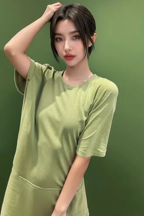 21yo girl, short hair, green background