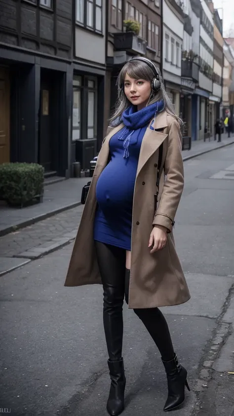 masterpiece, best quality, 1girl,  hd, 4k, solo, bkornblume, headphones, solo, blue scarfs, coat, pussy, pregnancy, pregnant, ex...