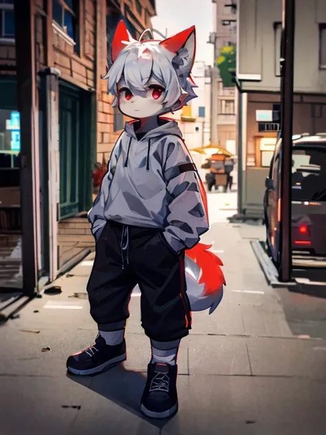 white fox with red features on its face and body, dressed in a gray coat and black pants, short hair with white color and red highlights