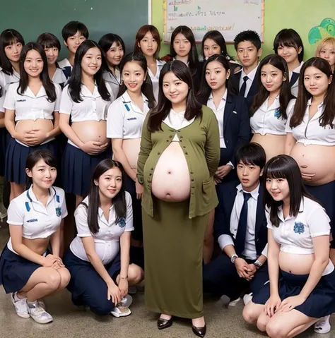 very very big pregnant midriff school blazer woman,belly button, classroom,(group photo,20 people)