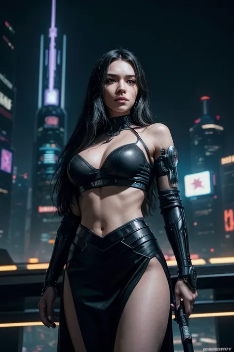 Beautiful woman, antihero wearing black and purple uniform, laser katana sword in hand, Caucasian skin, long black hair, portraite, jeff bridges, ((cartoon style)), Marvel Cinematic Universe Style, (((cyberpunk city in the background))), smooth bokeh of fu...