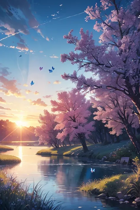 Beautiful hyper-realistic and super detailed masterpiece, which shows a mysterious river, several butterflies flying in blue color, like a tree on the right like the branches over the view ,grass field on the left, with the sunset sun, negative human const...