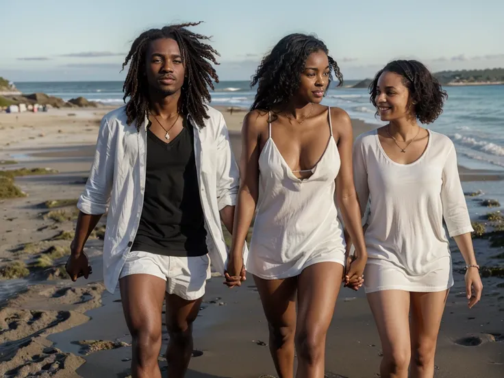 a black man holding hands with a white woman and black woman on beach