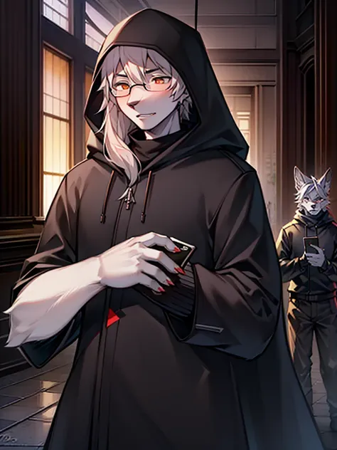 One side is a male human with long hair，A wolf-orc with white hair on one side。Male human messy hair，With black round-rimmed glasses，The clothes are an ordinary school uniform，Looking ahead with a dull look，White headphones hanging around the neck，The phon...