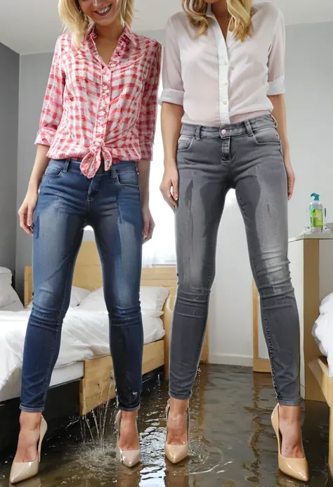 two attractive blonde woman, skinny jeans,  high heel pumps, work blouse, standing in a bedroom, wetting, big smile, pee stains are gleaming wet, pee run down legs, shoes flooded with pee, show heels, (((head in frame:1.4))), lower legs of jeans soaking we...